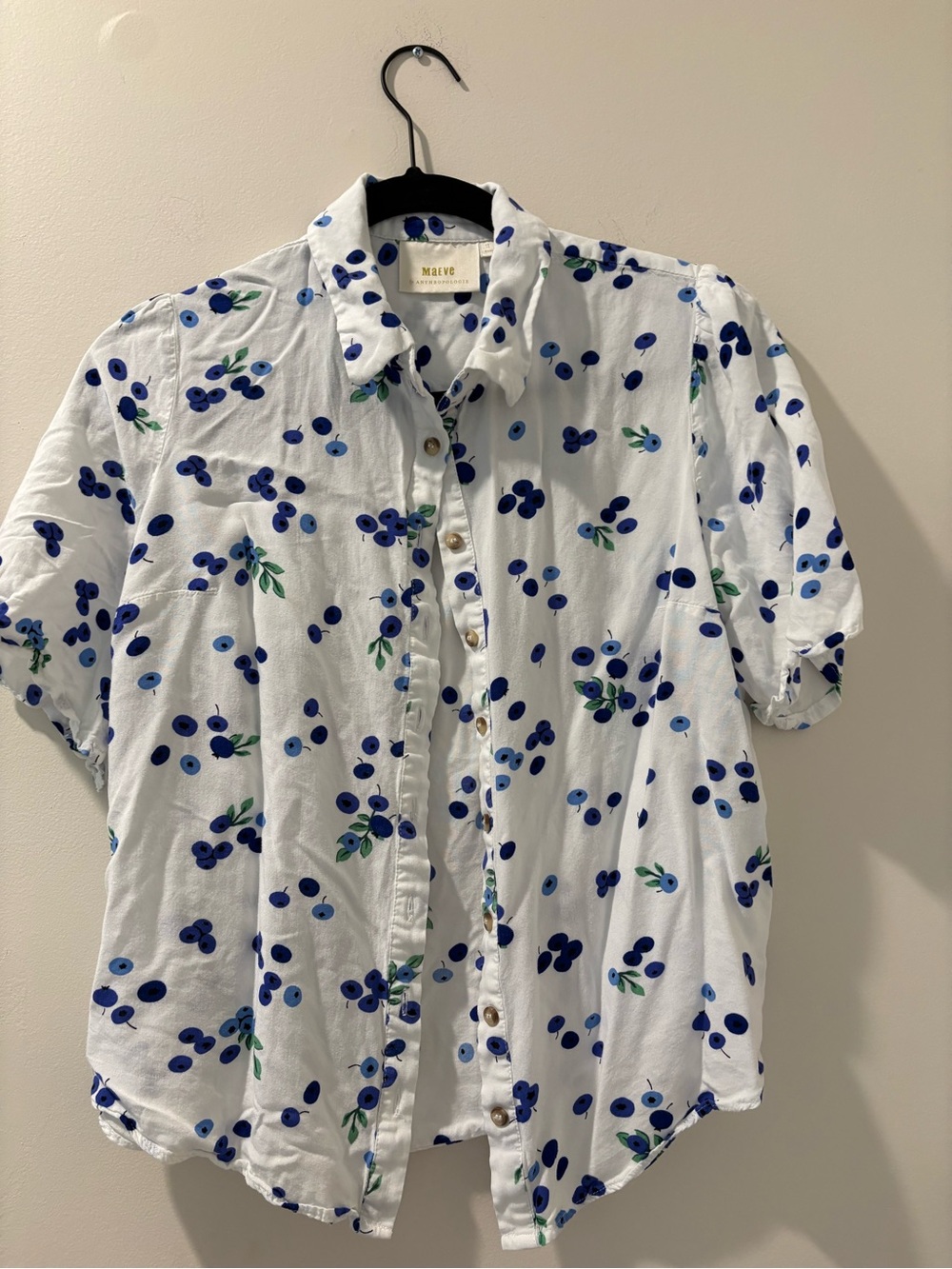 Maeve White Short-Sleeve Button-Down Shirt with Blue Berry Print